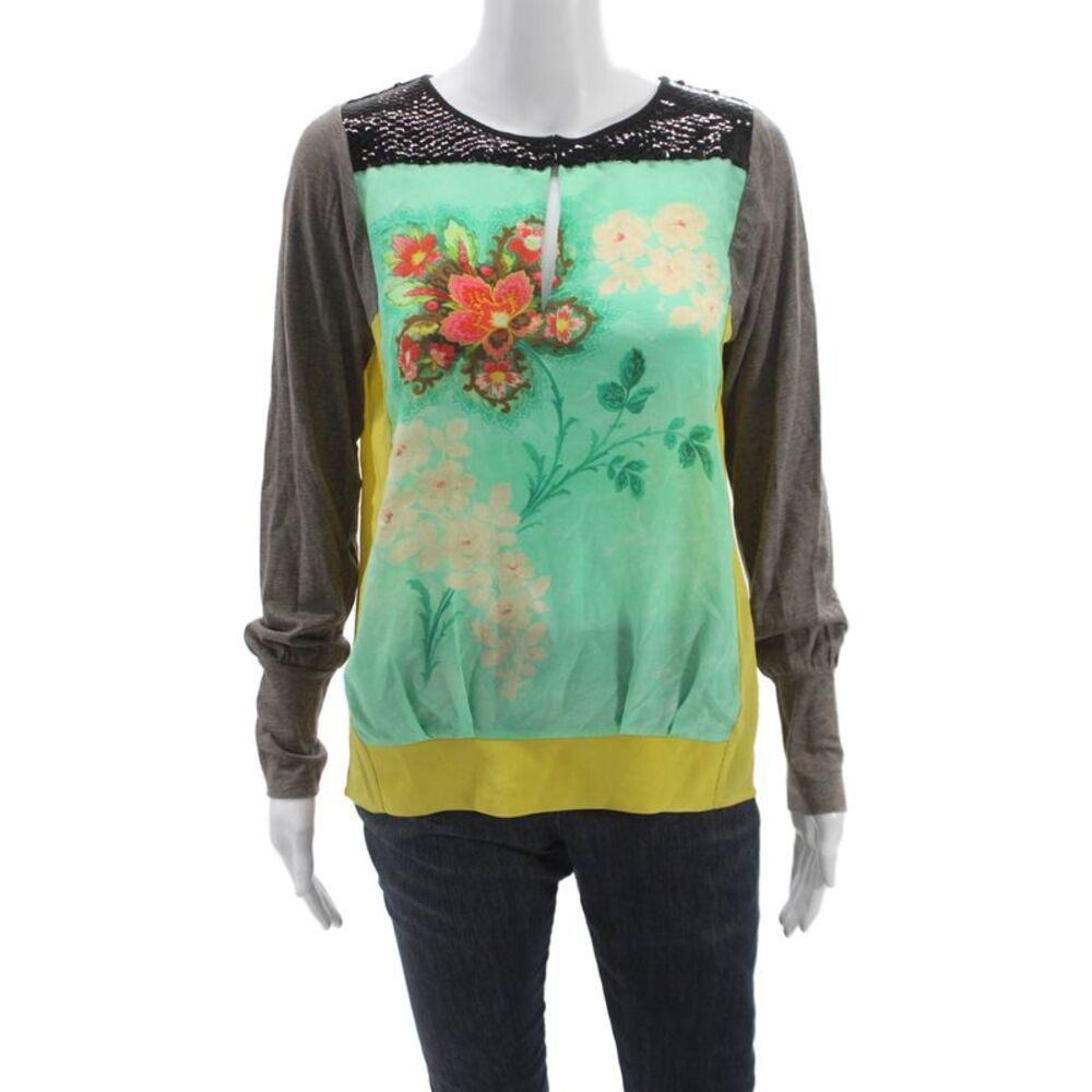 Hoss Intropia Womens Multicolor Silk Floral Keyhole Long Sleeve Blouse Size XS